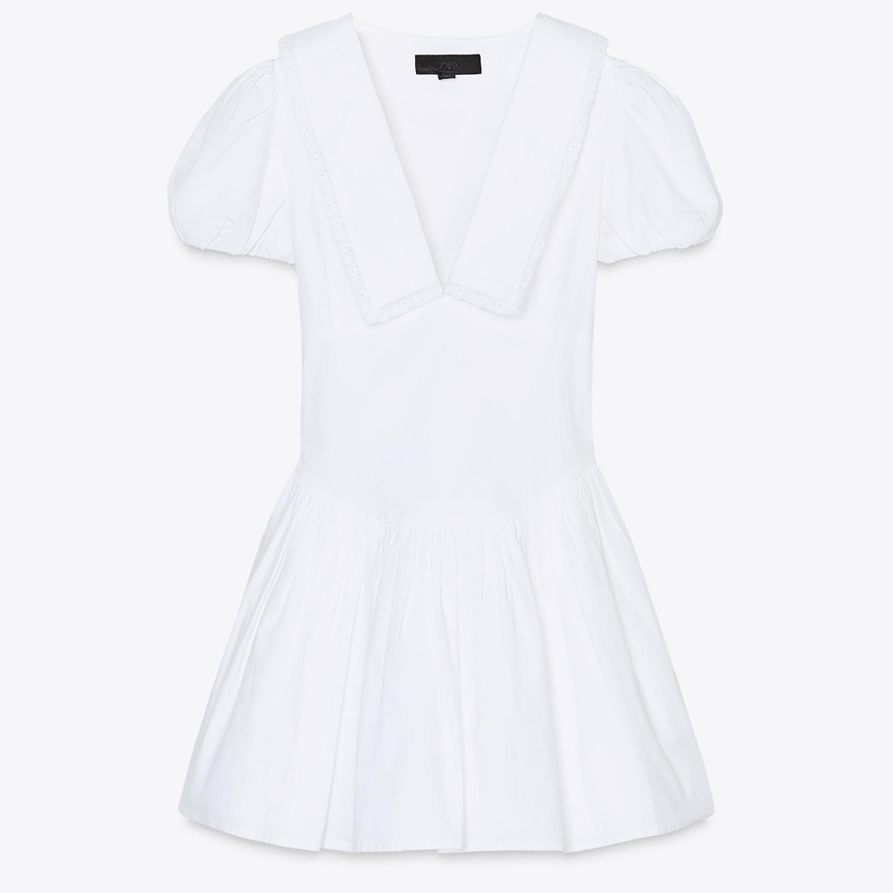 Zara White Puff Sleeve Dress With Double Skirt Extra Puffy